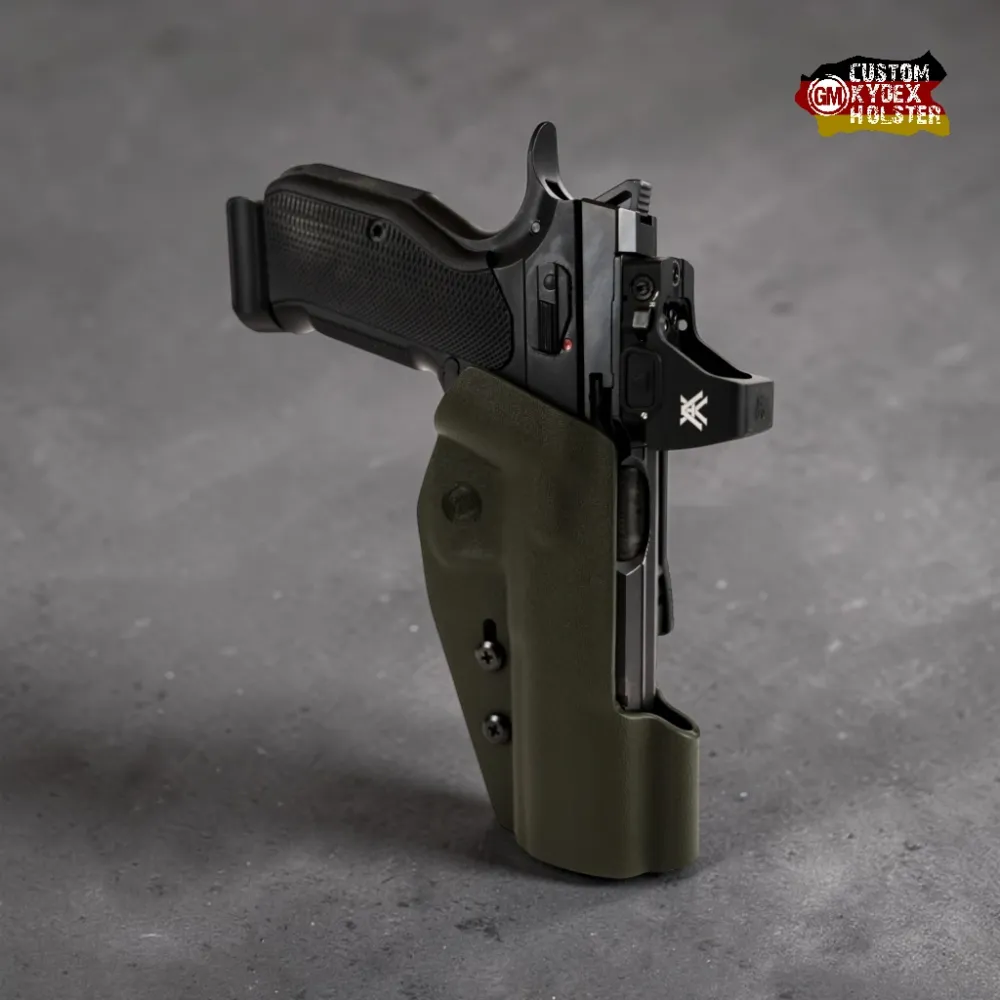 GM Sport Kydex Holster Oliv, CZ Shadow 2 IPSC Cut, OWB Sport-Holster für dynamisches Schießen.